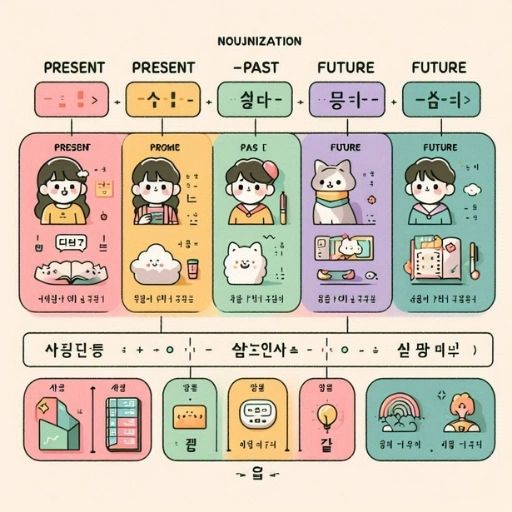 Danh Từ Hóa Tiếng Hàn: Hướng Dẫn Chi Tiết Cách Dùng -는 것 & -기 A-Z 1 Infographic so sánh cách danh từ hóa với 것 theo thì (hiện tại, quá khứ, tương lai) trong tiếng Hàn.