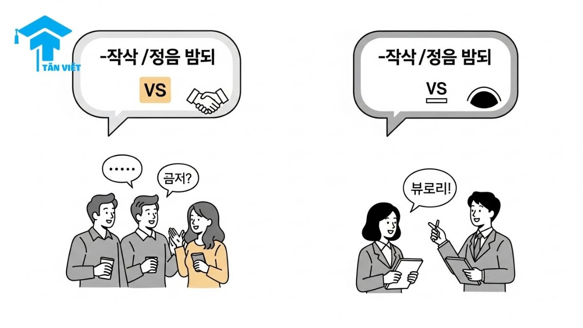 Comparing Korean permission phrases "-아/어도 돼요" (casual) and "-아/어도 됩니다" (formal) with illustrated social contexts. Keywords: Korean grammar, formality, politeness, -아/어도 돼요, -아/어도 됩니다, language learning, illustration, comparison.