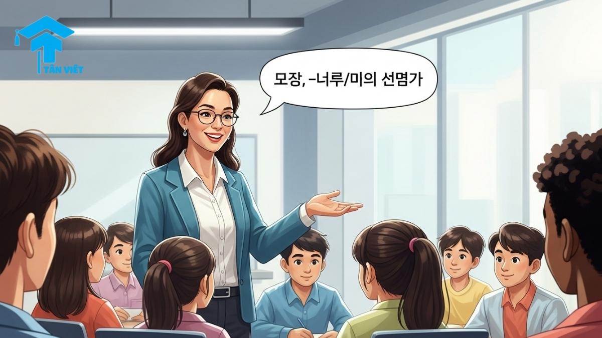 A friendly Korean teacher gesturing permission ("네, -아/어도 돼요") to diverse students in a bright classroom. Keywords: Korean language, permission, -아/어도 돼요, classroom, teacher, students, learning, education.