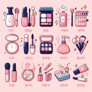 Từ vựng tiếng Hàn chuyên ngành mỹ phẩm: Hình ảnh các sản phẩm K-Beauty và dụng cụ trang điểm trên nền hồng pastel