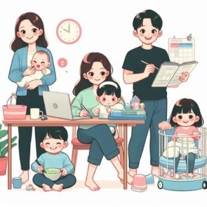 Ảnh minh họa từ vựng tiếng Hàn về gia đình: ba thế hệ quây quần trong phòng khách ấm cúng