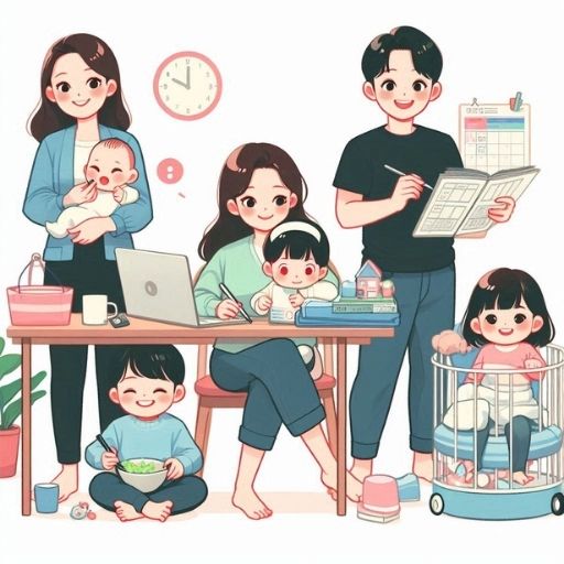 Ảnh minh họa từ vựng tiếng Hàn về gia đình: ba thế hệ quây quần trong phòng khách ấm cúng