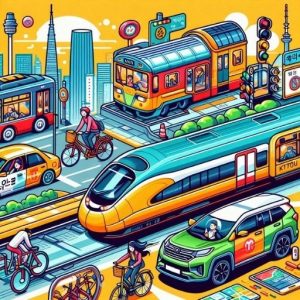 Hình minh họa: Các phương tiện giao thông phổ biến ở Hàn Quốc (tàu điện, xe buýt, taxi, xe đạp, tàu KTX). Thể hiện sự đa dạng và hiện đại của giao thông công cộng Hàn Quốc.