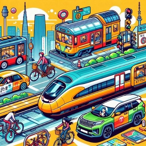 Từ Vựng Tiếng Hàn Chủ Đề Giao Thông: Hướng Dẫn Toàn Diện cho Người Học 1 Hình minh họa: Các phương tiện giao thông phổ biến ở Hàn Quốc (tàu điện, xe buýt, taxi, xe đạp, tàu KTX). Thể hiện sự đa dạng và hiện đại của giao thông công cộng Hàn Quốc.