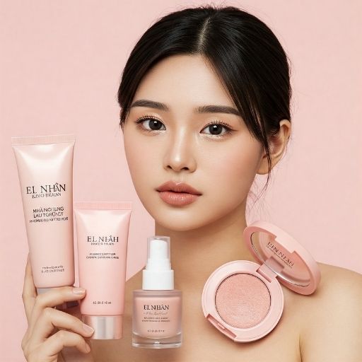 Từ Vựng Tiếng Hàn Chuyên Ngành Thẩm Mỹ: K-Beauty, Chăm Sóc Da, Trang Điểm 1 Từ vựng tiếng Hàn chuyên ngành thẩm mỹ: Hình ảnh các sản phẩm K-Beauty và dụng cụ trang điểm trên nền hồng pastel.