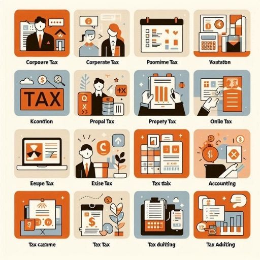 Từ Vựng Tiếng Hàn Chuyên Ngành Thuế: Thuật Ngữ, Tài Liệu & Chiến Lược Học Tập 1 Hình ảnh minh họa từ vựng tiếng Hàn chuyên ngành thuế: các biểu tượng đơn giản đại diện cho các loại thuế và quy trình liên quan, trên nền màu kem chuyên nghiệp.