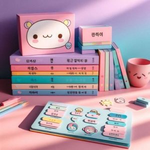 Sách và thẻ từ vựng tiếng Hàn Sơ cấp 2, màu sắc pastel hiện đại.