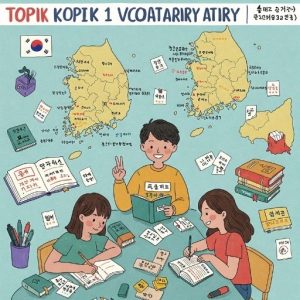 Hình ảnh minh họa các bạn học viên đang học từ vựng TOPIK 1, bao gồm từ vựng, sách giáo trình và bản đồ Hàn Quốc.
