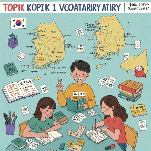 Từ Vựng TOPIK 1: Nguồn Tài Liệu và Phương Pháp Học Hiệu Quả 1 Hình ảnh minh họa các bạn học viên đang học từ vựng TOPIK 1, bao gồm từ vựng, sách giáo trình và bản đồ Hàn Quốc.