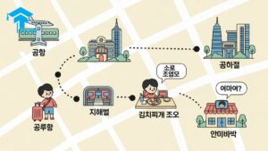An infographic map illustrating essential Korean travel vocabulary for a journey through Seoul. A cute cartoon tourist is shown at the airport (공항), subway (지하철), a restaurant, and shopping, with key Korean phrases like '얼마예요?' in speech bubbles. A helpful visual guide for tourists learning essential Korean words and common phrases for communication.