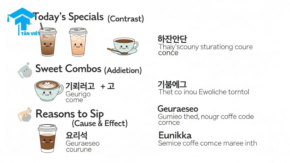 Liên Từ Tiếng Hàn: Cẩm Nang Toàn Tập Phân Biệt A-Z | Tân Việt Prime 2 A cute Korean cafe menu infographic that teaches how to use Korean conjunctions. The menu compares linking phrases, including the difference between 하지만 (hajiman) vs 그런데 (geureonde) and 그래서 (geuraeseo) vs 그러니까 (geureonikka).
