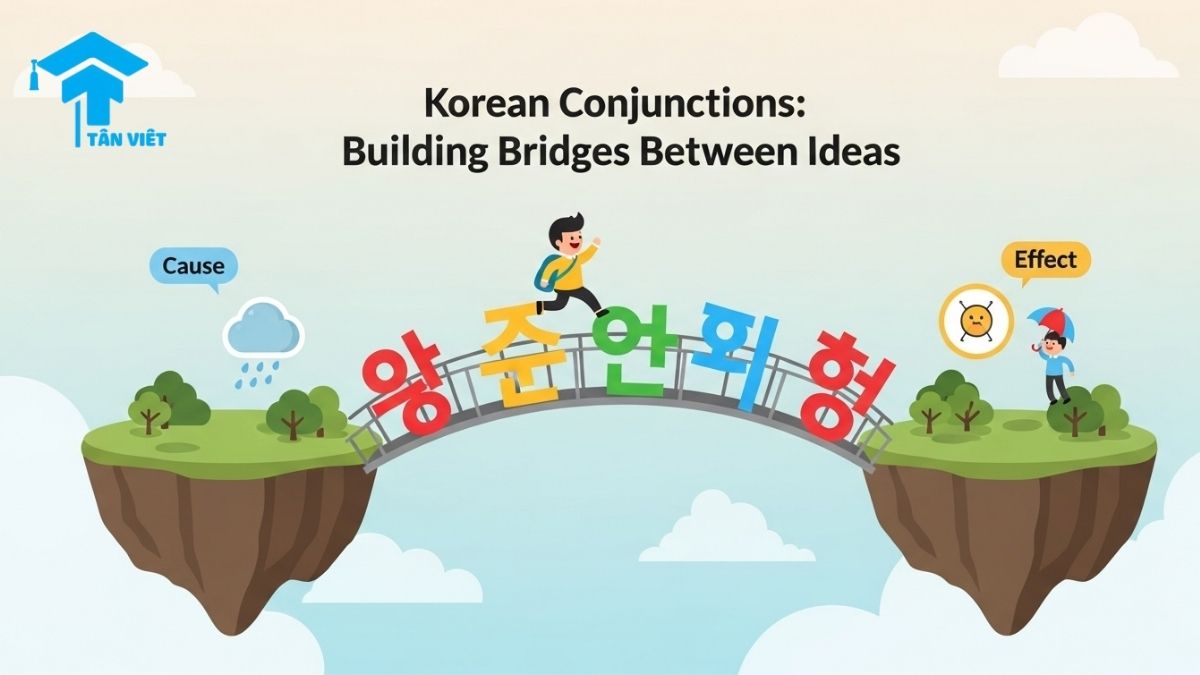 Liên Từ Tiếng Hàn: Cẩm Nang Toàn Tập Phân Biệt A-Z | Tân Việt Prime 1 A 16:9 infographic explaining Korean conjunctions and connecting words. A cute character crosses a Hangul bridge to illustrate Korean grammar concepts like cause and effect, featuring examples for -어서 (eoseo) and -고 (go).