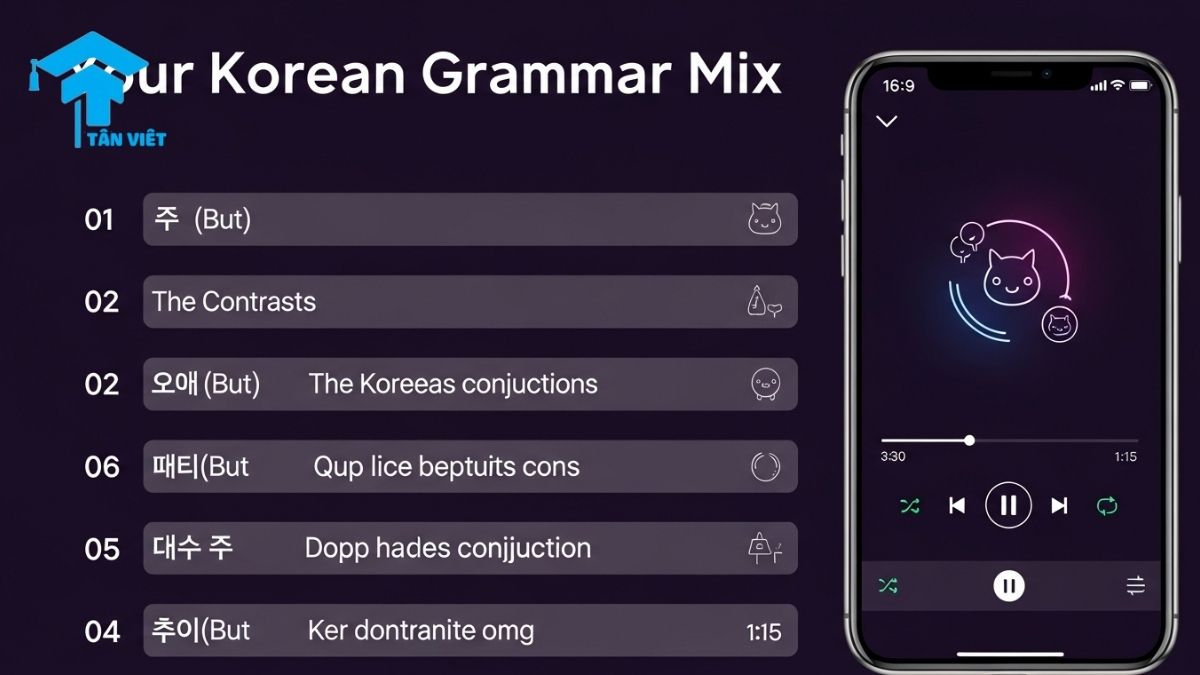 Liên Từ Tiếng Hàn: Cẩm Nang Toàn Tập Phân Biệt A-Z | Tân Việt Prime 3 A modern infographic showing a K-Pop playlist to learn Korean conjunctions. This visual guide explains Korean connecting words for beginners, covering common linking phrases for addition, contrast, and reason in Korean grammar.