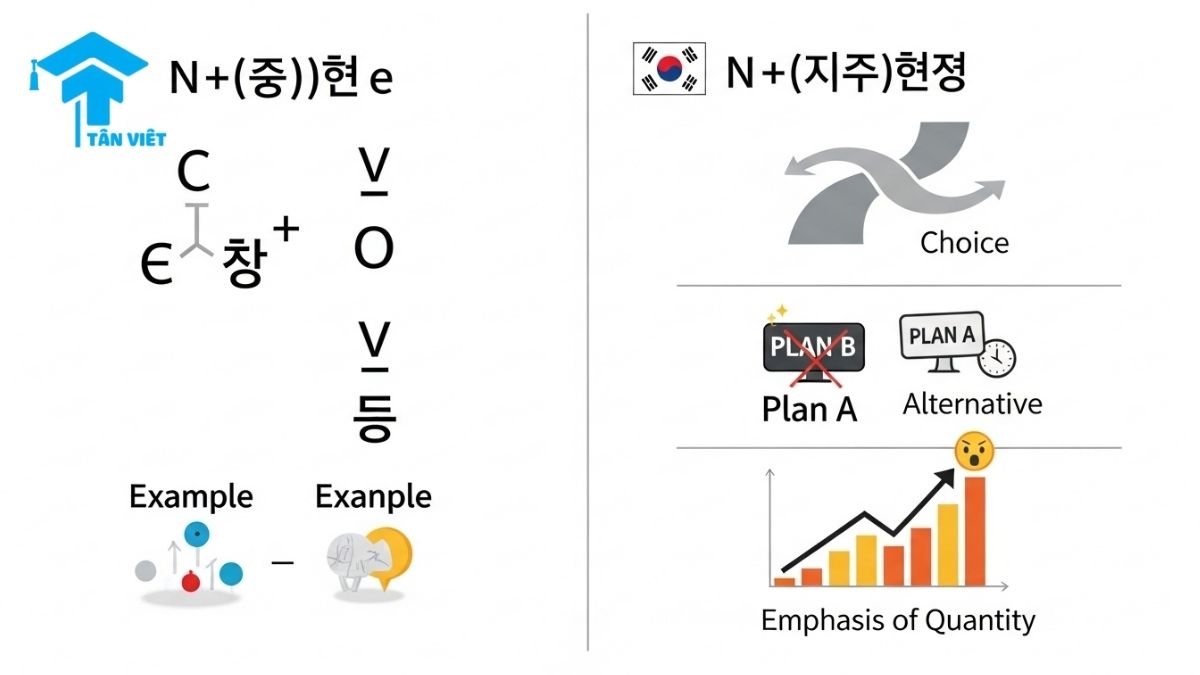 Ngữ pháp N + (이)나: Toàn Tập 3+ Cách Dùng "Hoặc", "Đến Tận" & Phân Biệt Với -거나 2 Modern infographic explaining the Korean grammar particle N + (이)나: rules for "이나" and "나" attachment and visual metaphors for choice, alternative, and emphasis meanings.