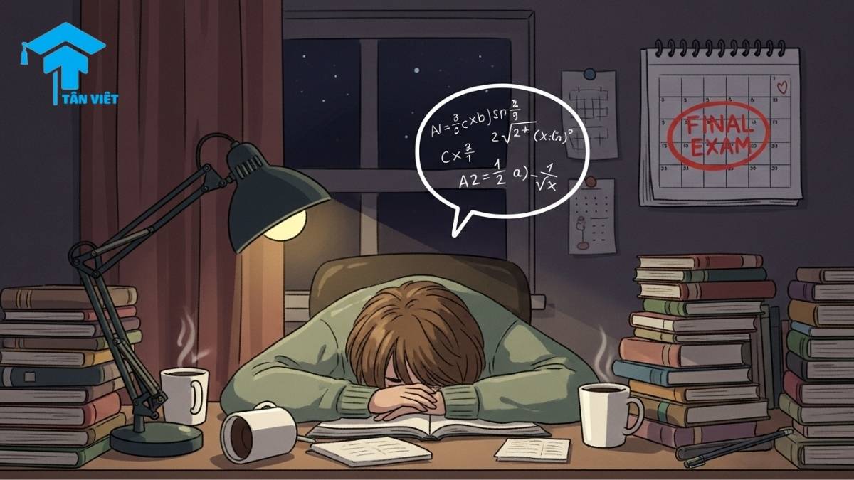 Tất tần tật ngữ pháp A/V-기 때문에: Cách dùng và Phân biệt chi tiết 3 Minh hoạ cấu trúc V-아/어 봤자 với hình ảnh một sinh viên kiệt sức sau khi thức cả đêm học bài cho kỳ thi cuối kỳ, cho thấy sự nỗ lực không mang lại kết quả.